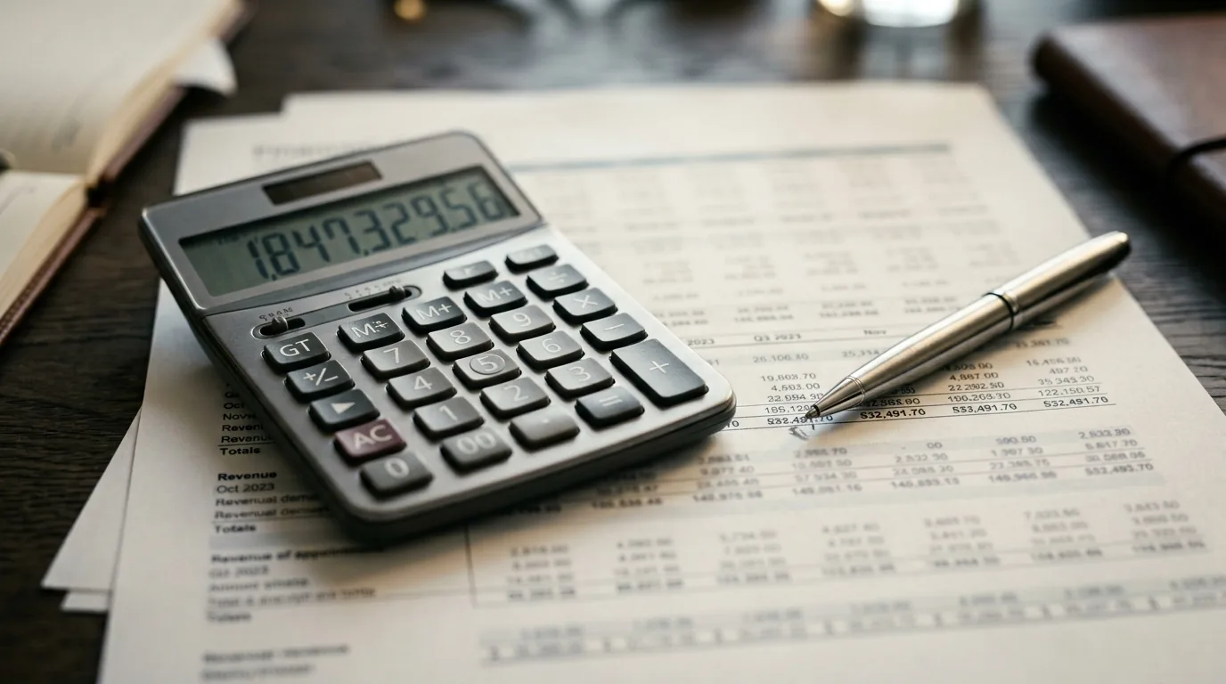 Calculadora sobre planilha de números com caneta apontando para um valor