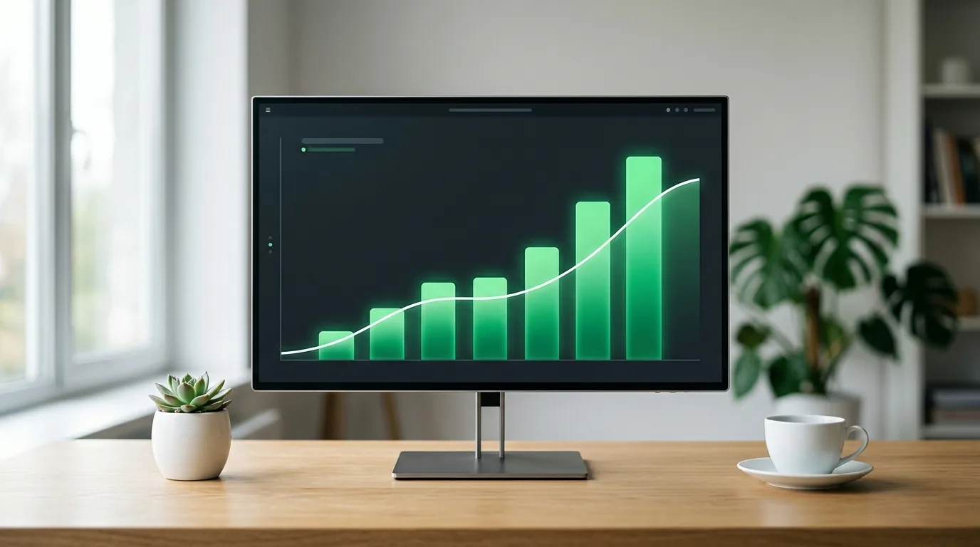 Monitor exibindo gráfico de barras verde crescente sobre mesa de escritório