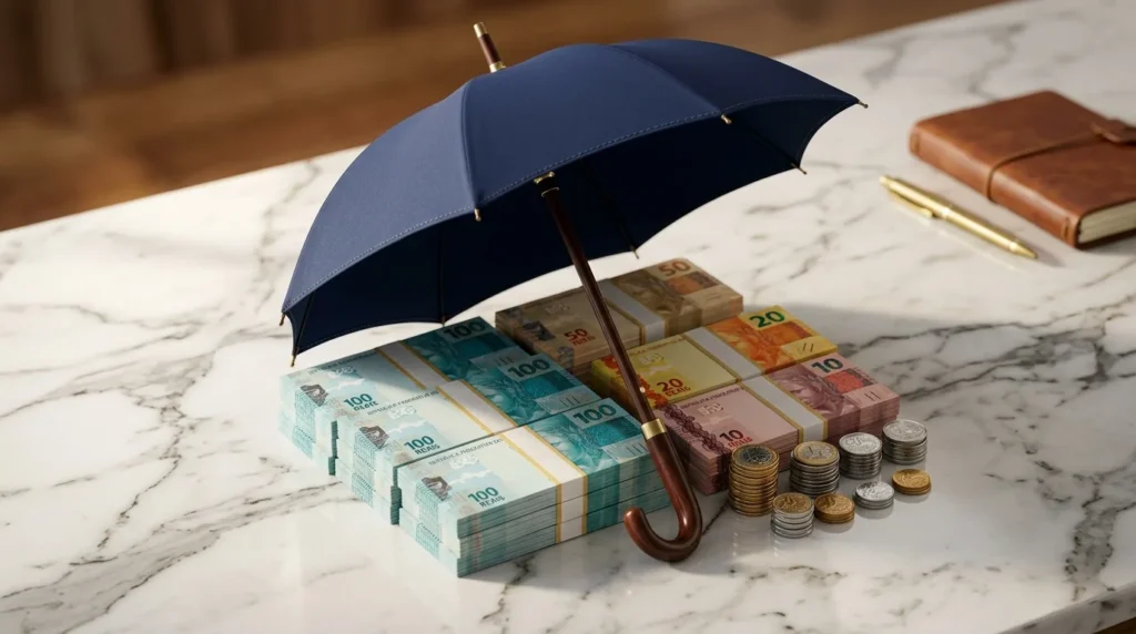 Guarda-chuva protegendo pilhas de cédulas de real e moedas sobre superfície de mármore