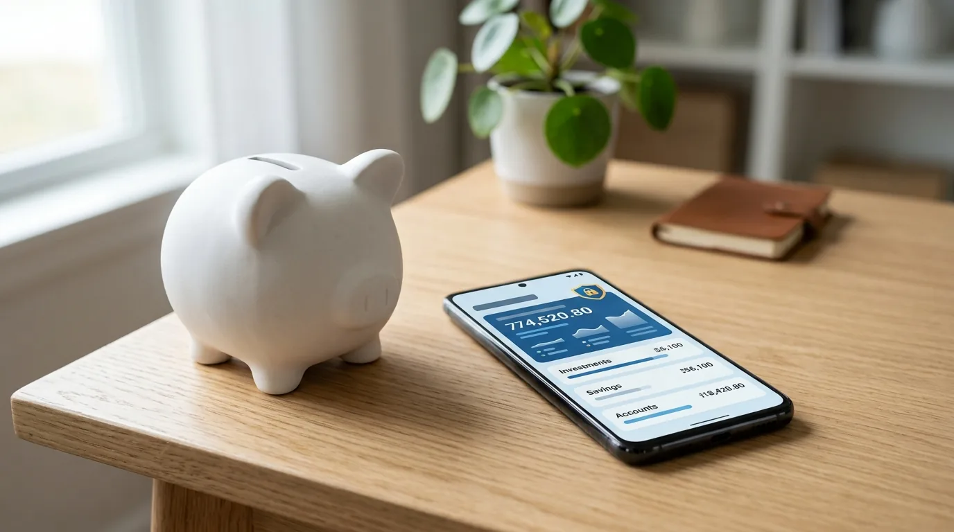 Celular com aplicativo de banco e ícone de escudo ao lado de um cofrinho