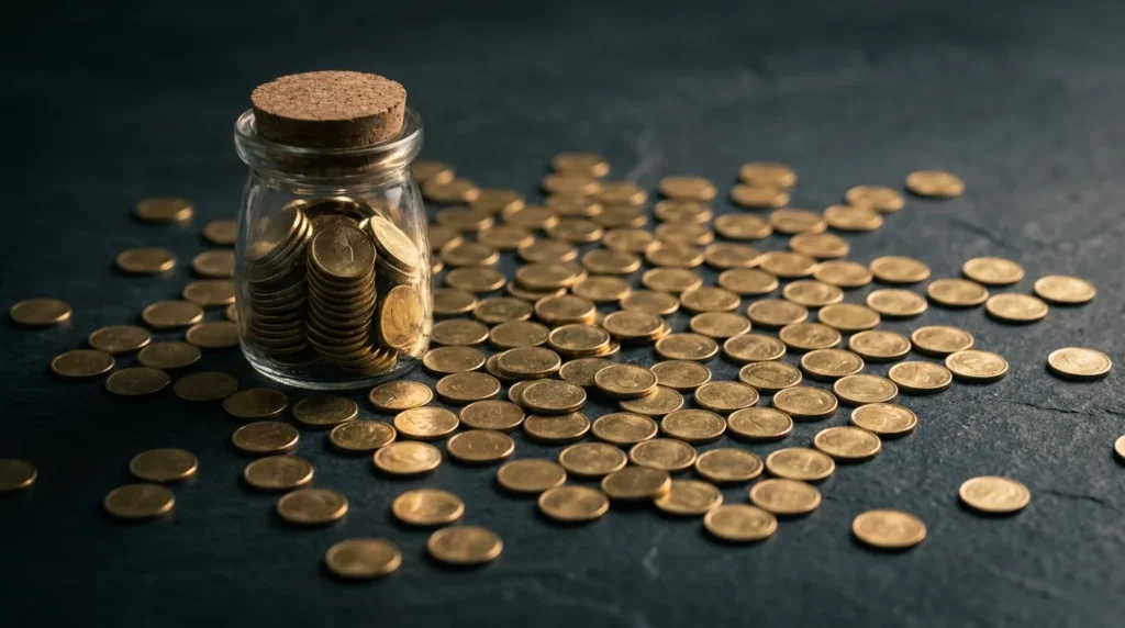 Moedas douradas espalhadas em uma superfície escura com parte delas dentro de um pote de vidro
