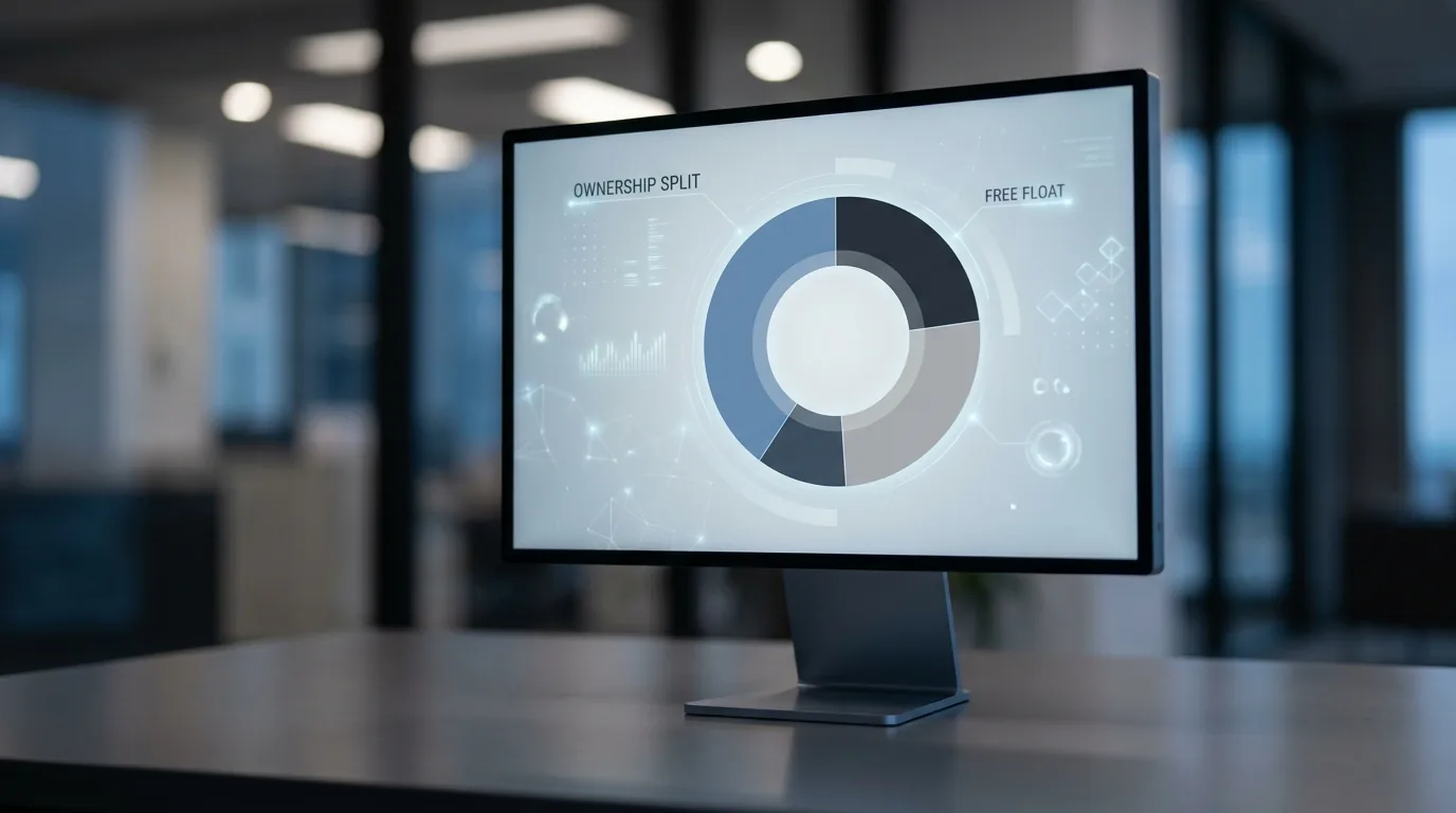 Monitor exibindo um gráfico de rosca dividido em segmentos sobre uma mesa moderna