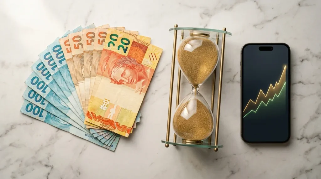 Cédulas de real, ampulheta e celular com gráfico em alta representando a liquidez dos investimentos