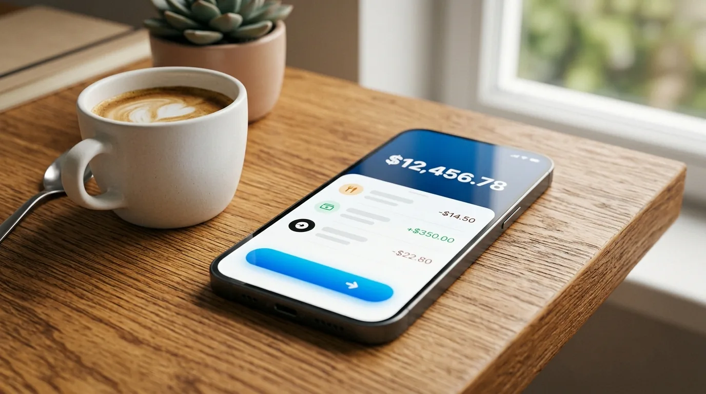 Celular sobre a mesa mostrando aplicativo de banco com saldo e botão de resgate