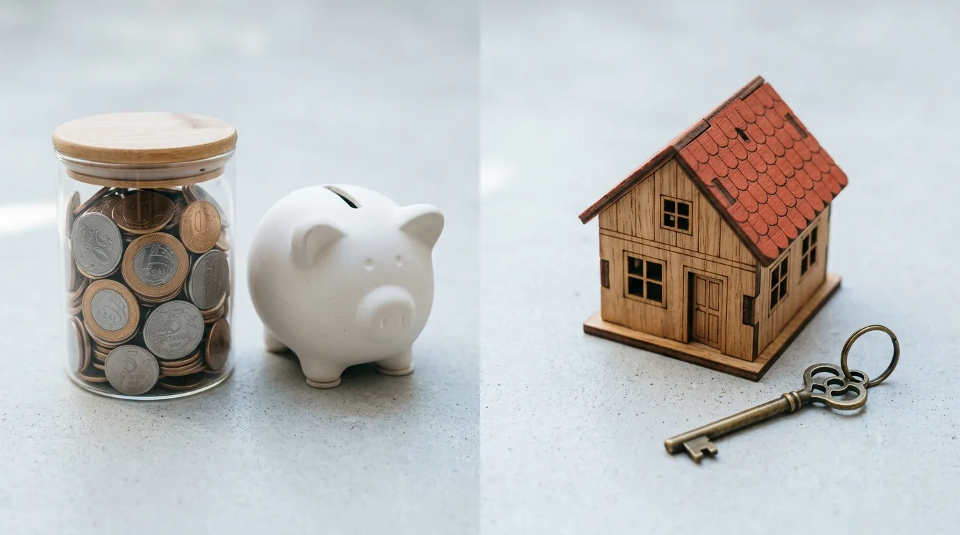 Pote de moedas e cofrinho ao lado de uma casa de madeira em miniatura e uma chave
