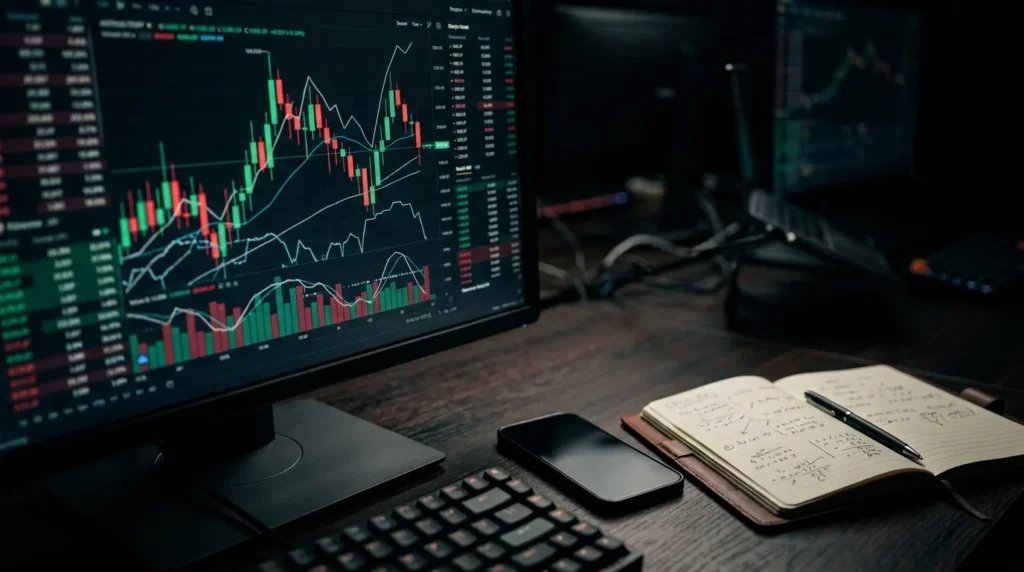 Monitor de operações com gráfico de candles verde e vermelho, celular e caderno