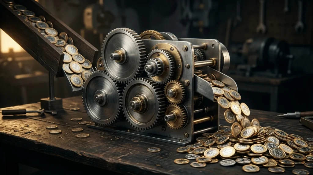Engrenagens metálicas processando moedas de real e devolvendo mais moedas, representando a eficiência do capital
