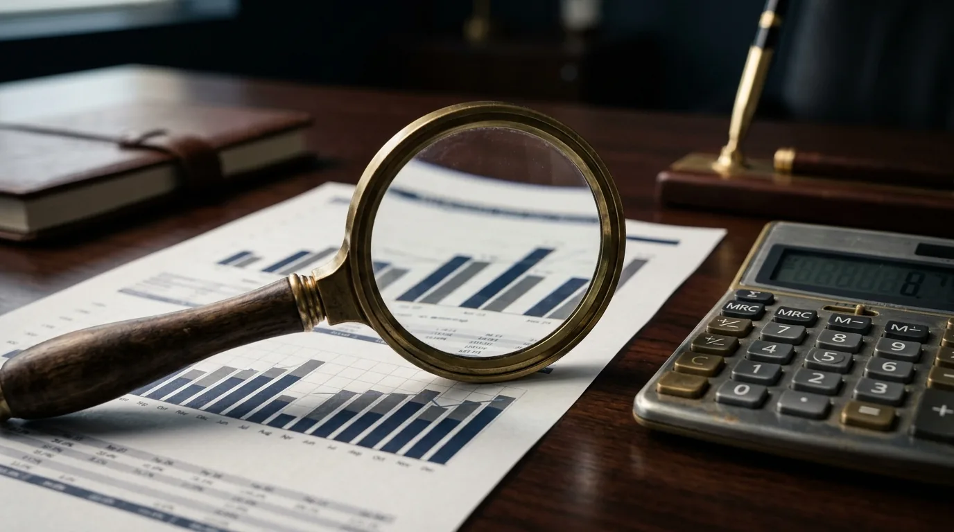 Lupa sobre um gráfico financeiro impresso com uma calculadora ao lado em mesa escura