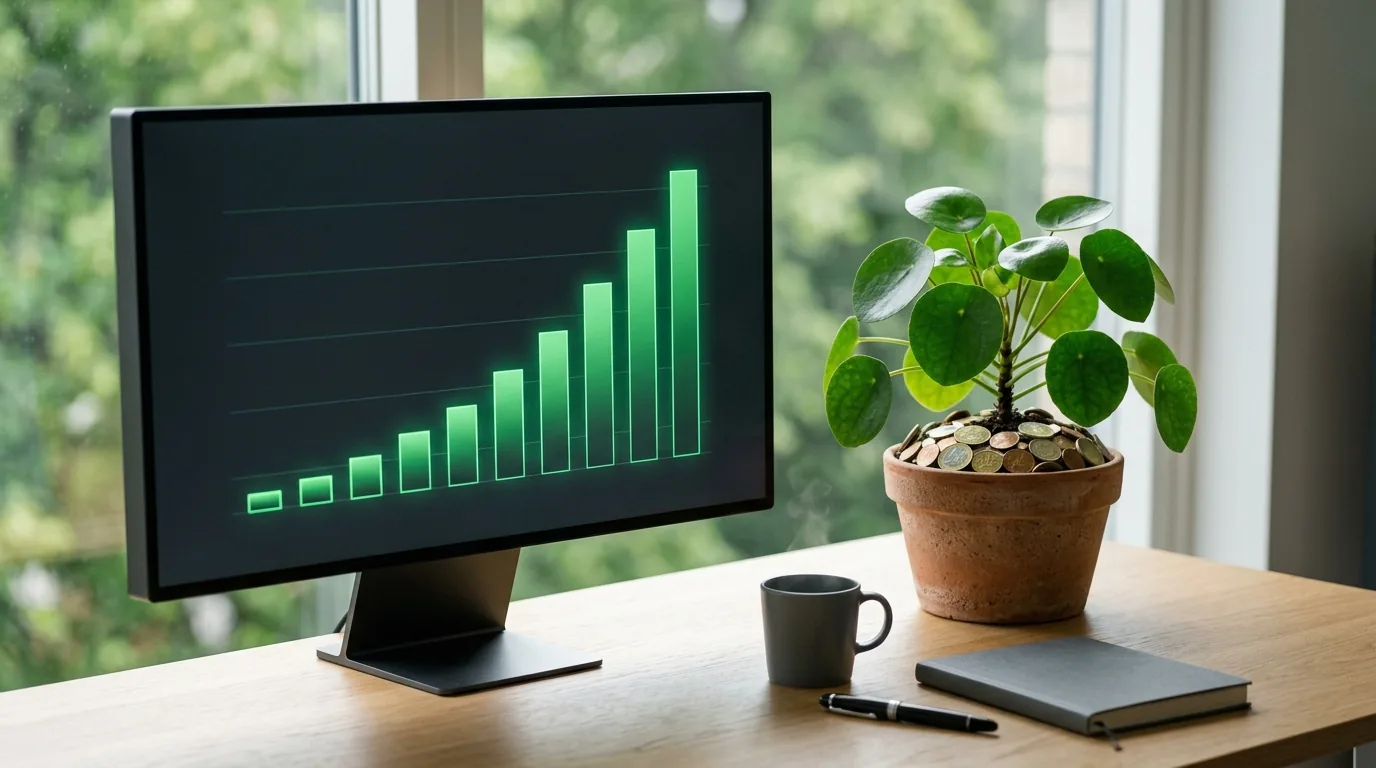 Monitor com gráfico de barras verde crescente ao lado de uma planta brotando de um vaso com moedas