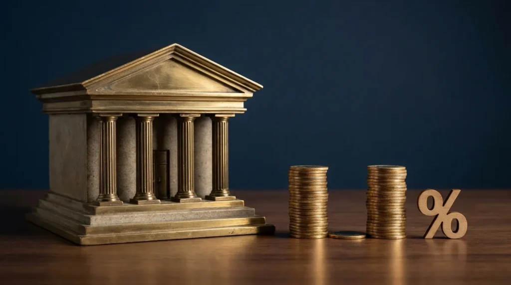 Prédio de banco em miniatura ao lado de pilhas de moedas de real e um símbolo de porcentagem