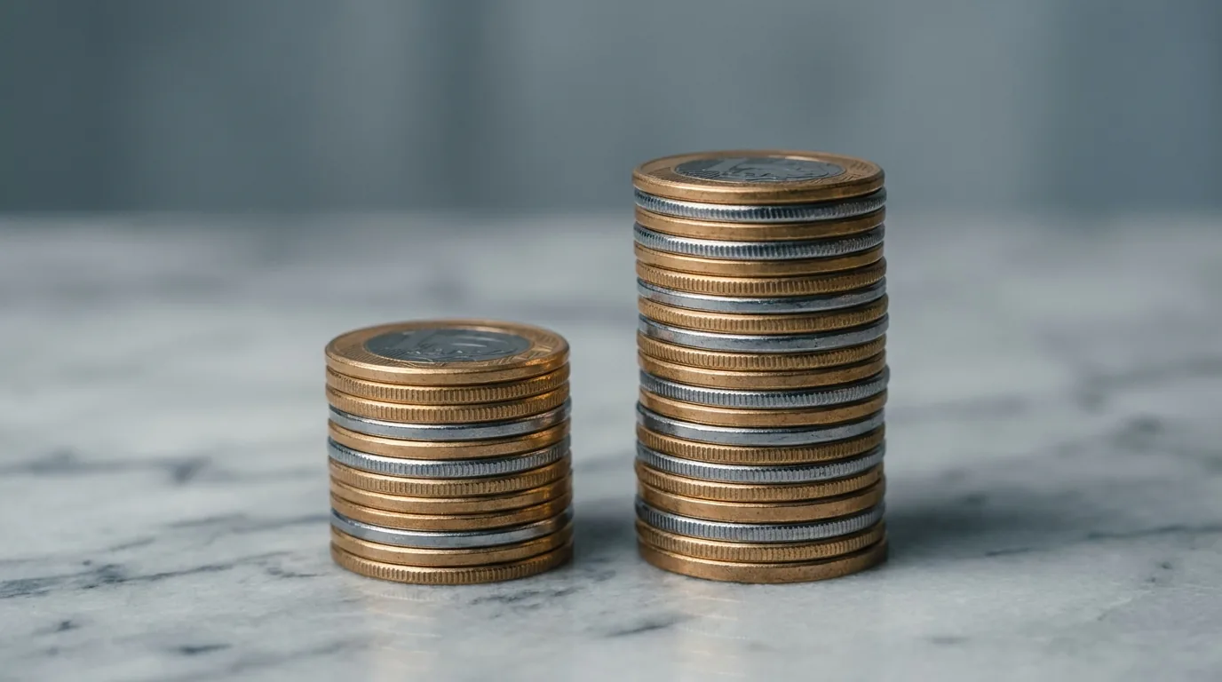 Duas pilhas de moedas de real de alturas diferentes lado a lado sobre uma superfície de mármore
