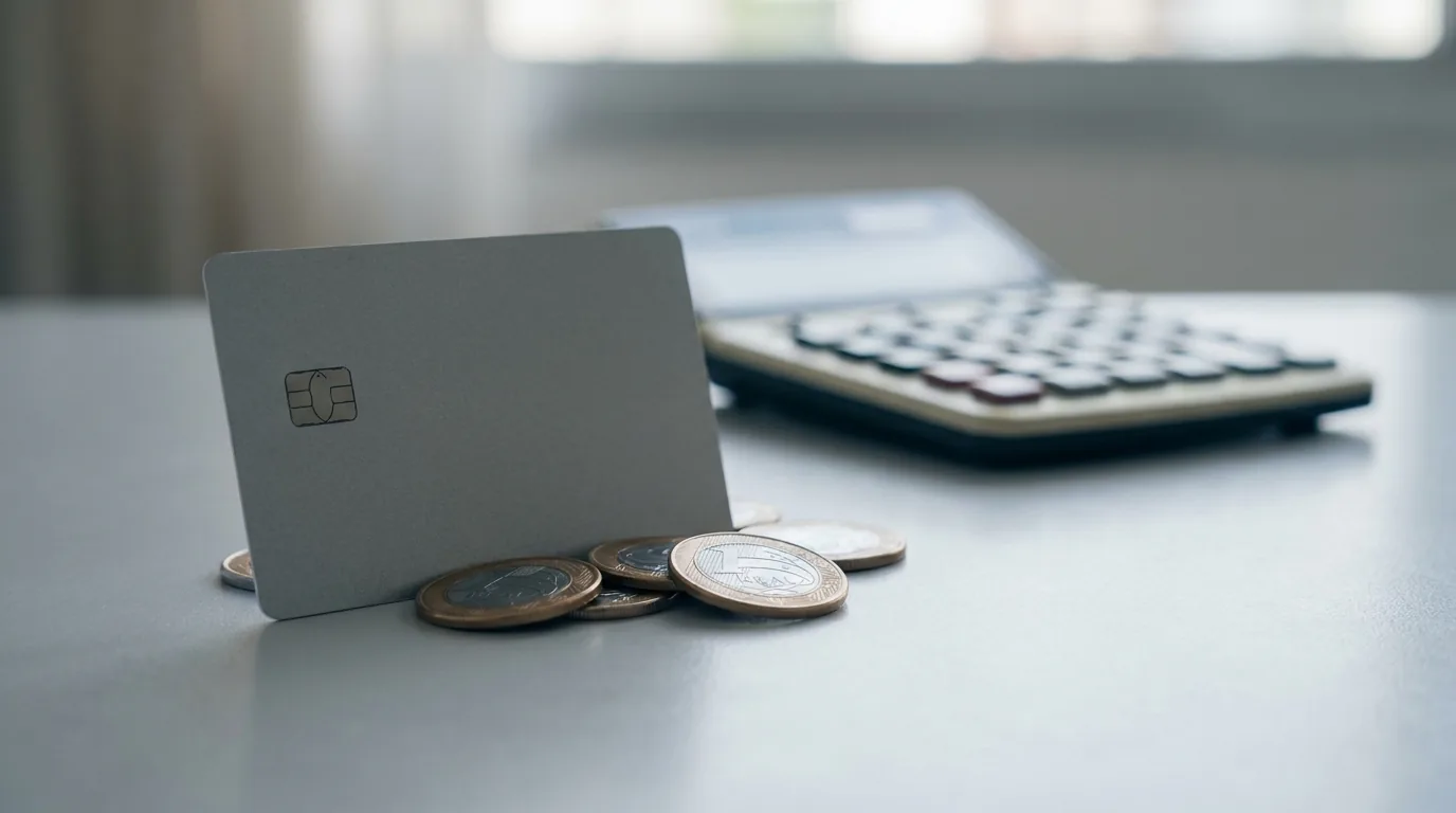 Cartão de crédito apoiado em moedas de real com uma calculadora ao fundo desfocada