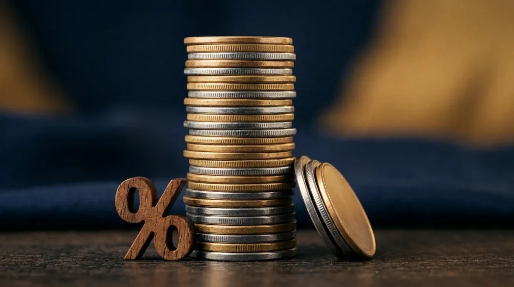 Pilha alta de moedas de real com um símbolo de porcentagem, representando a taxa de administração que corta o rendimento
