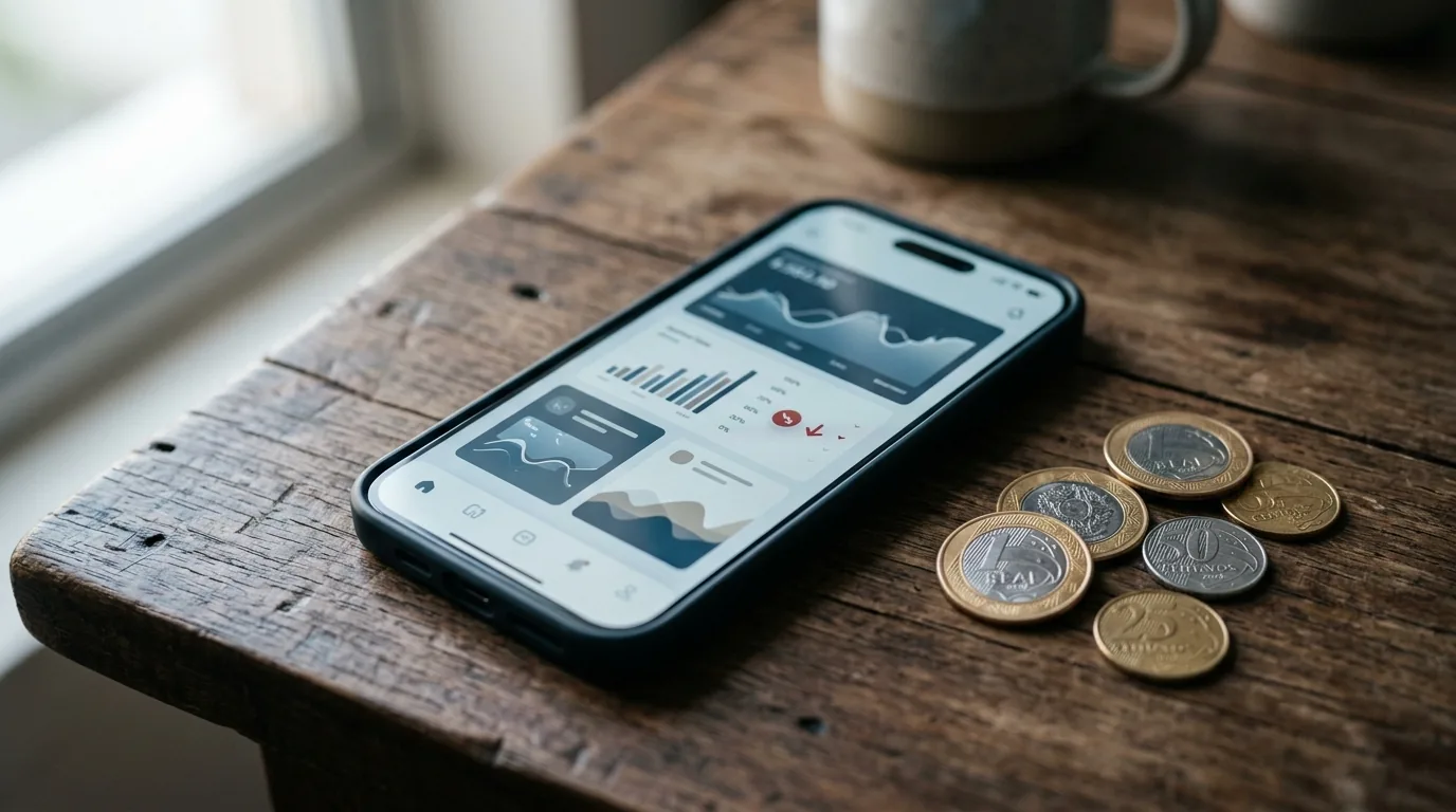 Celular mostrando um painel de fundo de investimento com indicador de custo e moedas de real ao lado