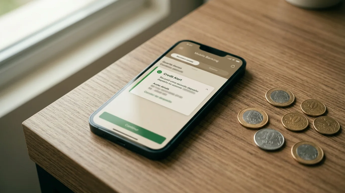 Celular sobre a mesa mostrando um aplicativo de banco com crédito na conta e moedas de real ao lado
