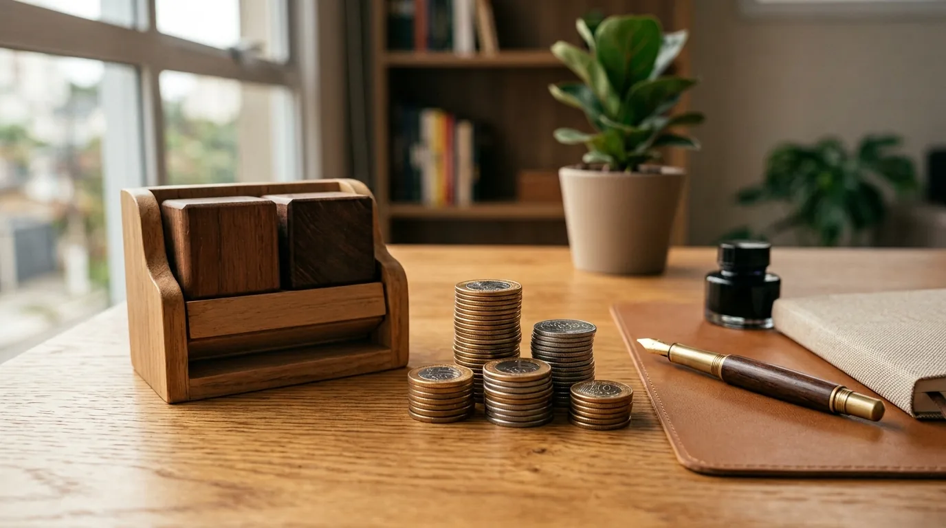 Calendário de mesa de madeira ao lado de pilhas de moedas de real e uma caneta