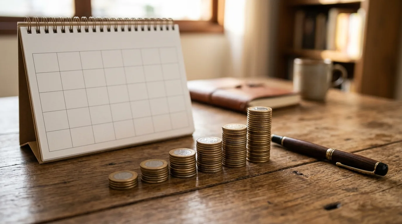 Calendário de mesa ao lado de pilhas crescentes de moedas de real, representando os retornos somados ano a ano até o payback