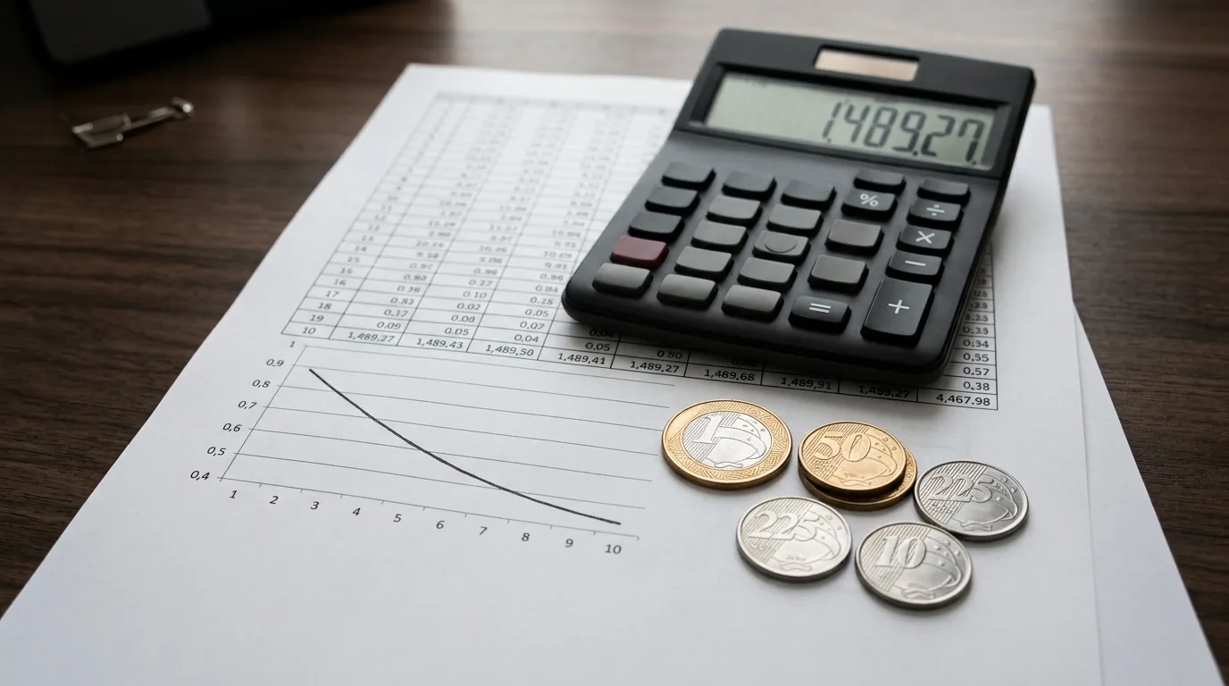 Calculadora sobre uma planilha financeira ao lado de moedas de real, representando o cálculo do payback descontado