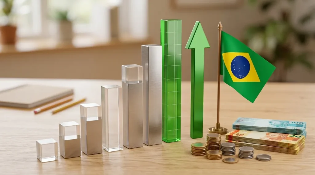 Gráfico de barras crescente ao lado de uma bandeira do Brasil e moedas de real, representando o crescimento do PIB
