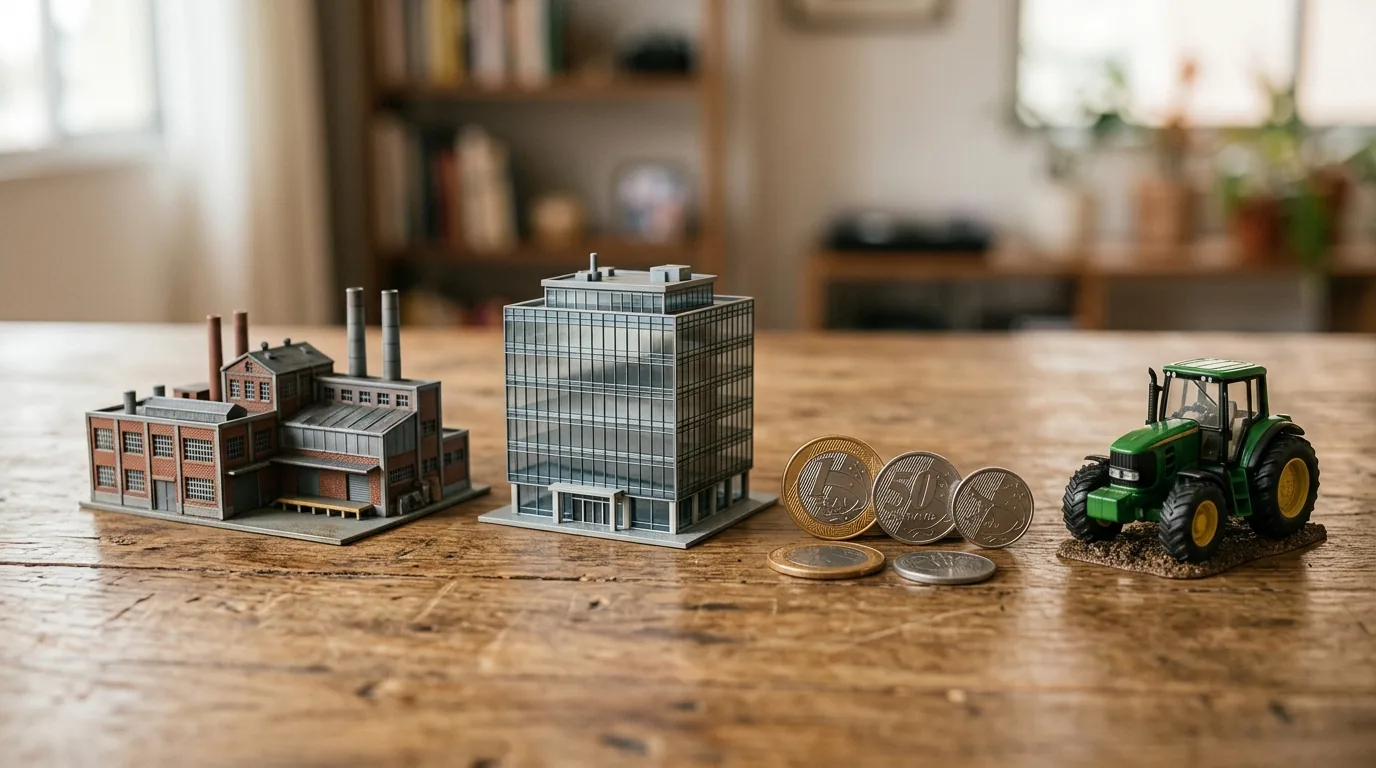 Miniaturas de fábrica, prédio comercial e trator sobre a mesa, representando indústria, serviços e agropecuária no PIB