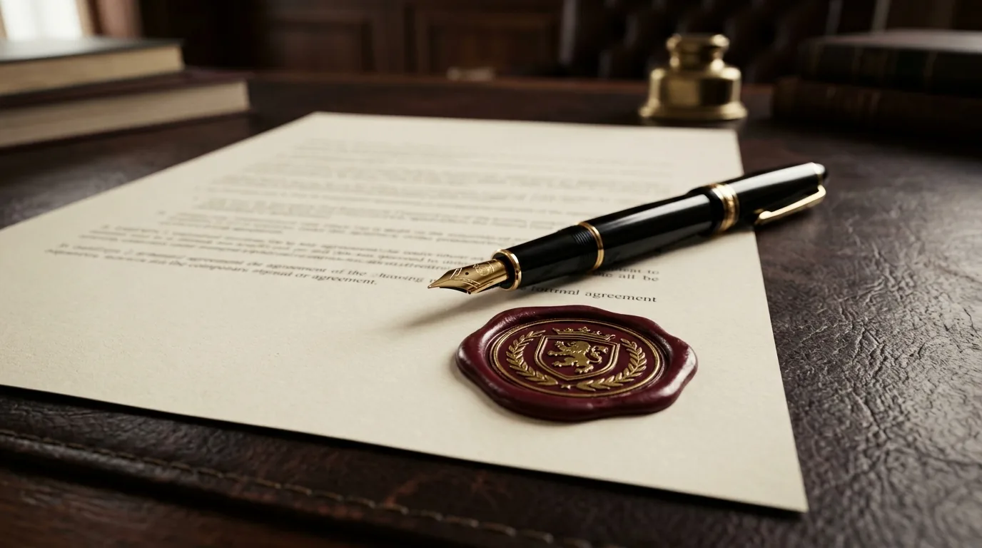 Contrato corporativo com selo e caneta tinteiro sobre mesa de couro escuro