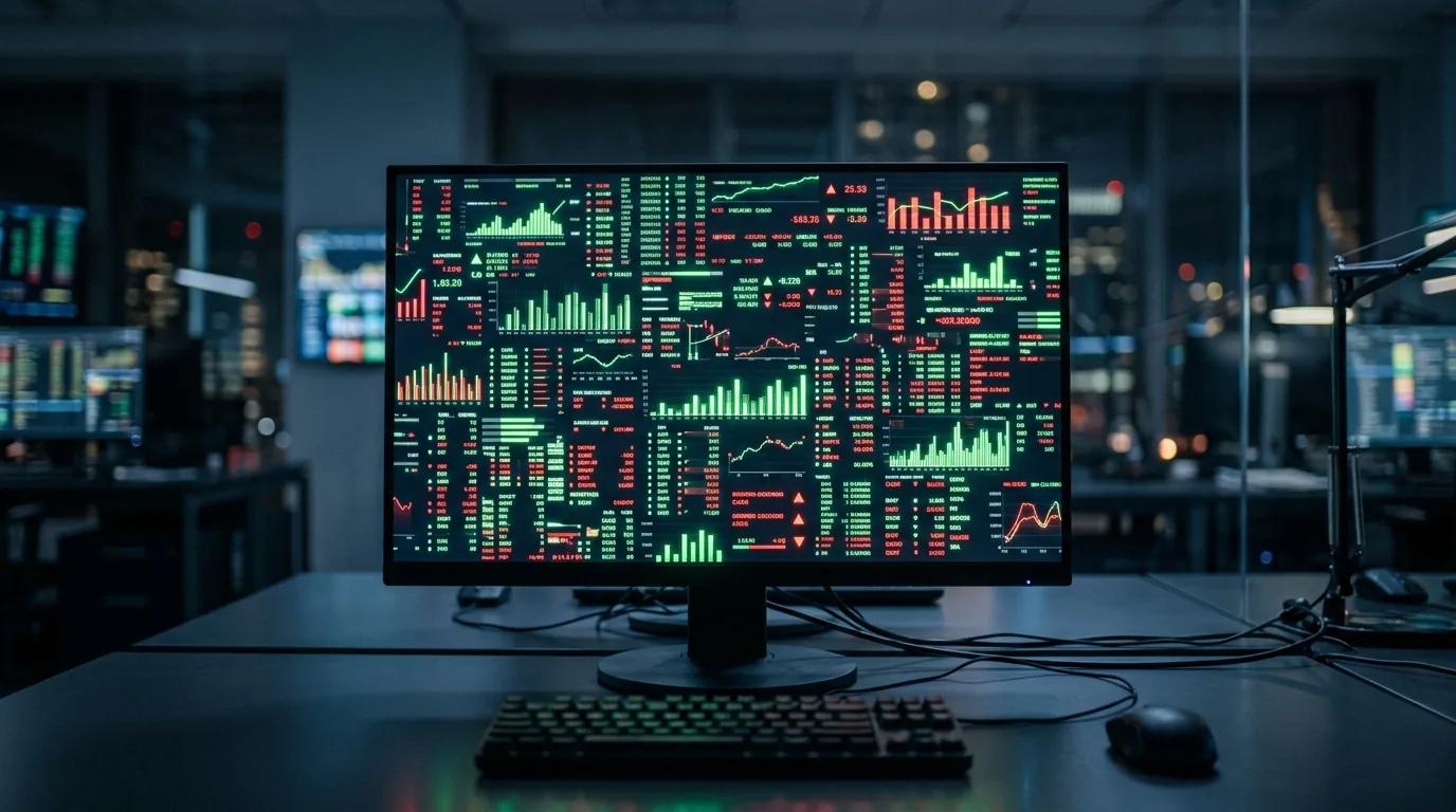 Monitor com painel de cotações da bolsa em verde e vermelho