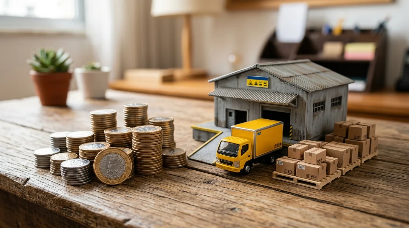 Miniaturas de galpão, caminhão e caixas ao lado de moedas de real, representando os ativos de uma empresa
