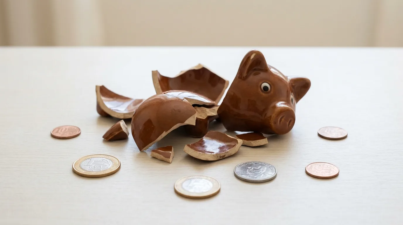 Cofrinho de cerâmica quebrado com poucas moedas de real espalhadas, representando o custo dos juros do cheque especial