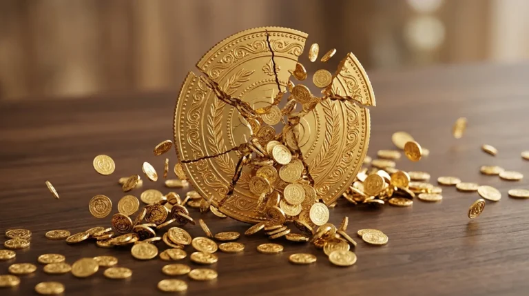 Uma moeda de ouro grande se dividindo em várias moedas menores iguais, representando o desdobramento de ações