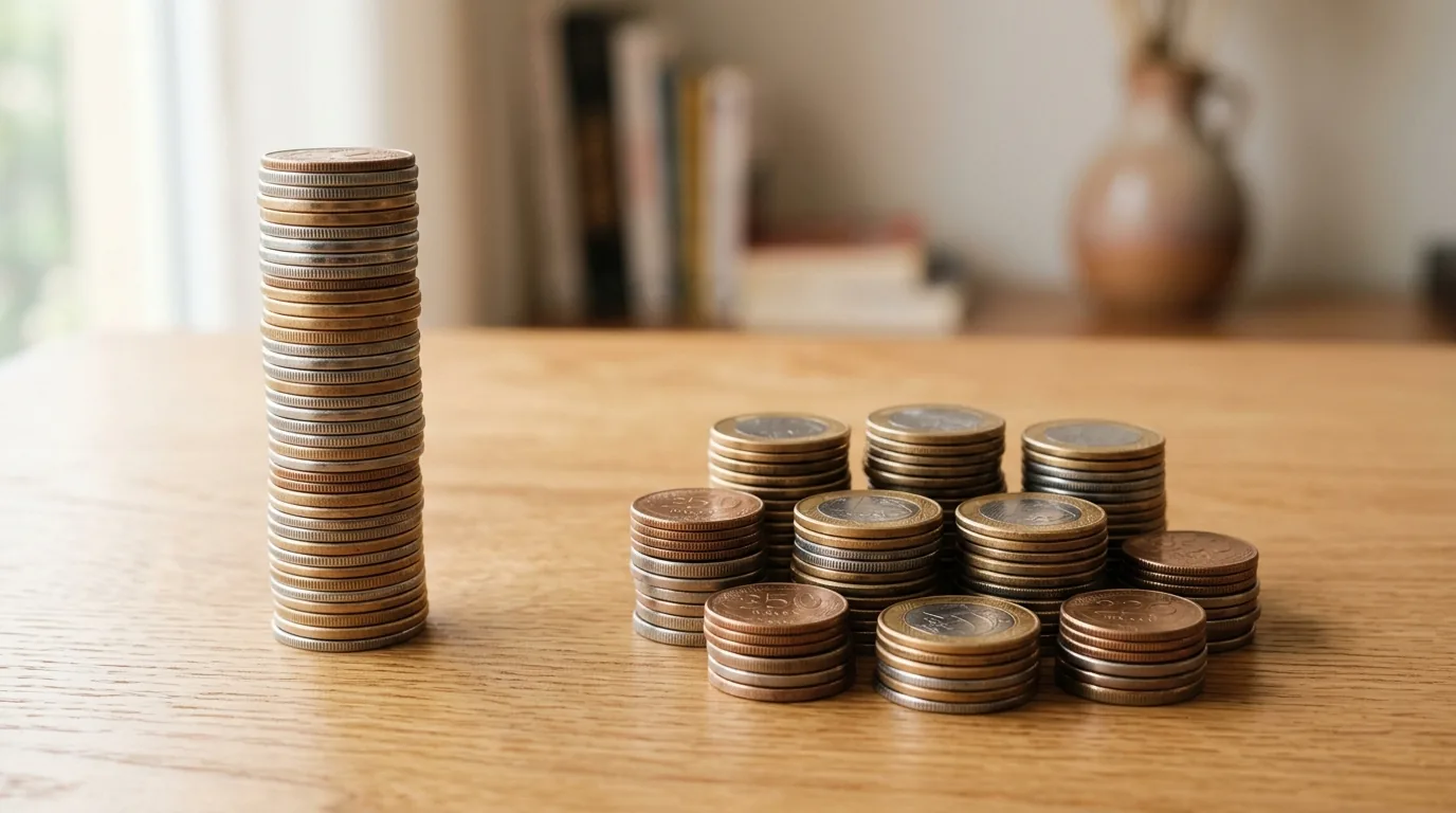 Uma pilha alta de moedas de real ao lado da mesma quantia espalhada em várias pilhas baixas, representando o split