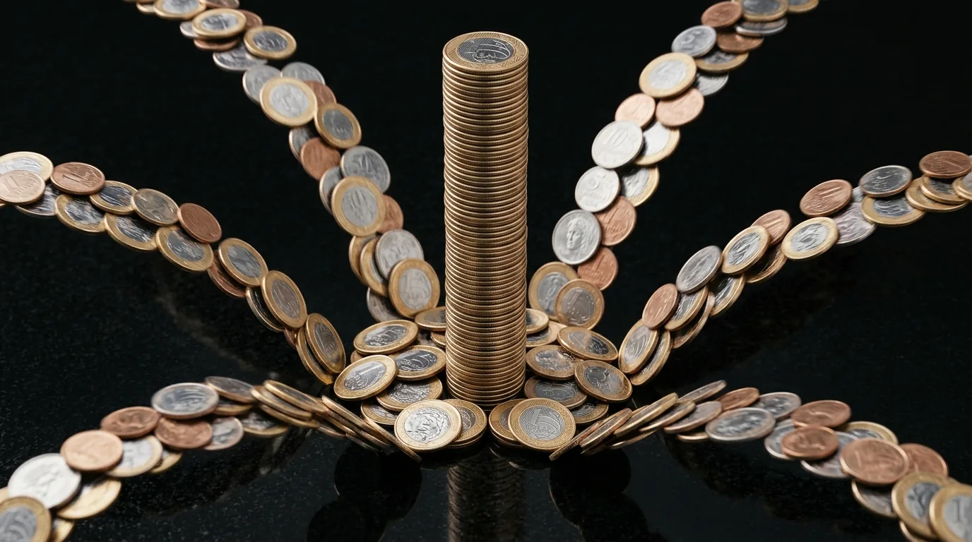 Várias pilhas pequenas de moedas de real se juntando em uma única pilha alta, representando o grupamento de ações
