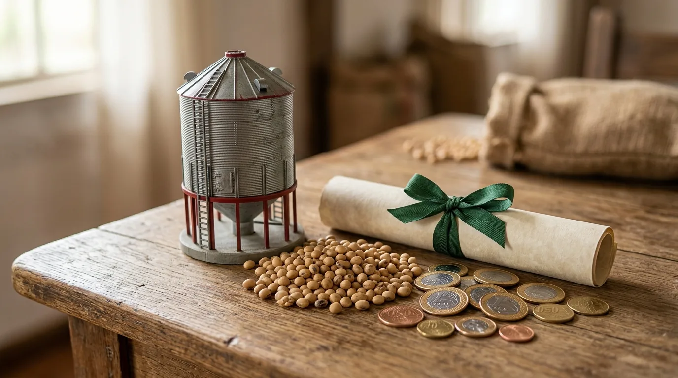 Miniatura de silo de grãos com um monte de soja e um título enrolado ao lado de moedas de real, representando o crédito do agronegócio