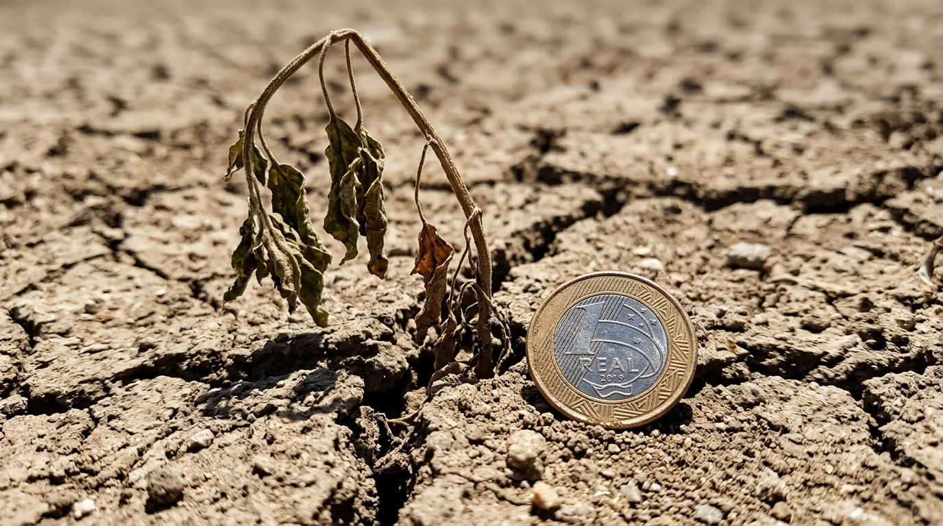 Solo seco e rachado com uma planta murcha e uma moeda de real, representando o risco de safra no Fiagro