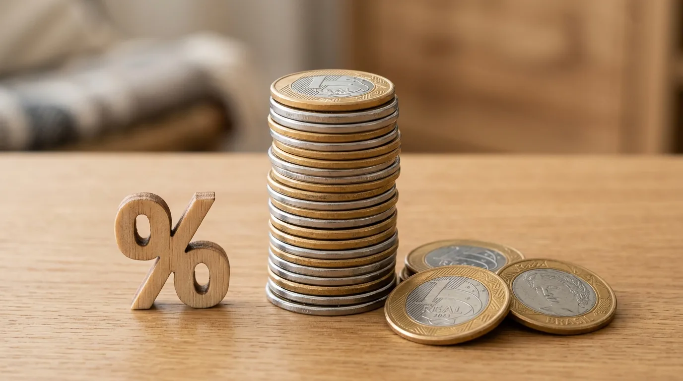 Pilha de moedas de real com as moedas do topo separadas e um símbolo de porcentagem, representando a taxa de administração