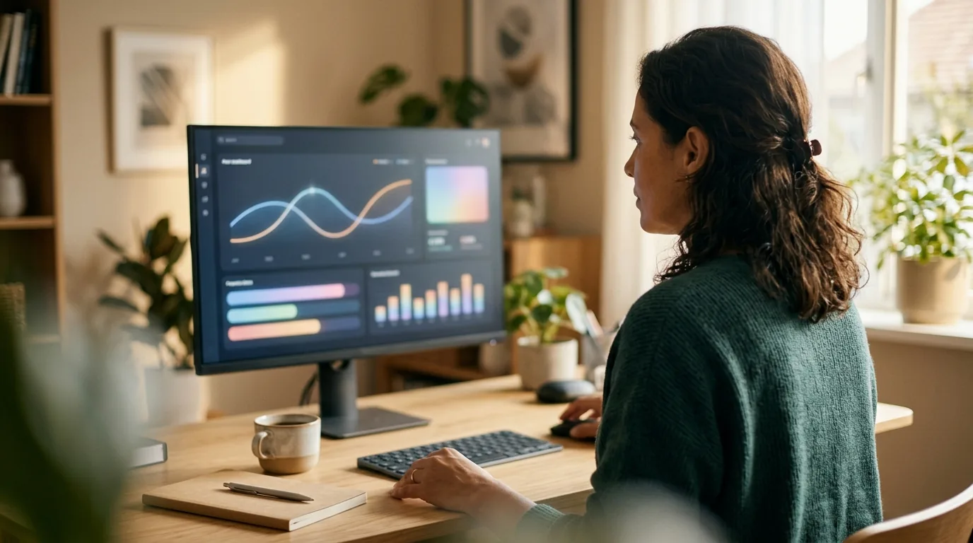 Investidora em home office analisa painel com curvas de juros e inflação no monitor, acompanhando os dividendos de fundos imobiliários