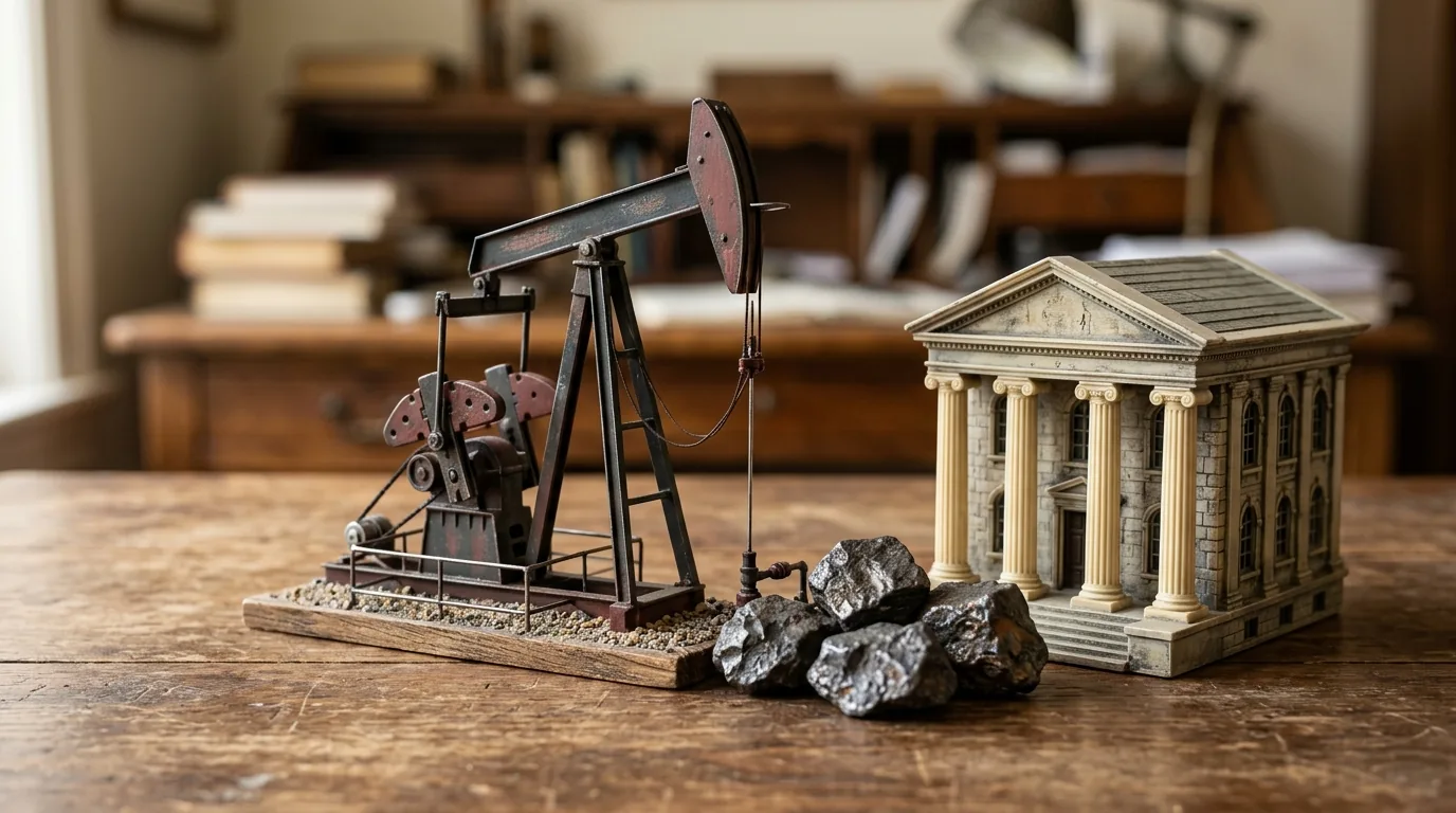 Miniaturas de bomba de petróleo, pedras de minério e um prédio de banco sobre a mesa, representando os setores do Ibovespa