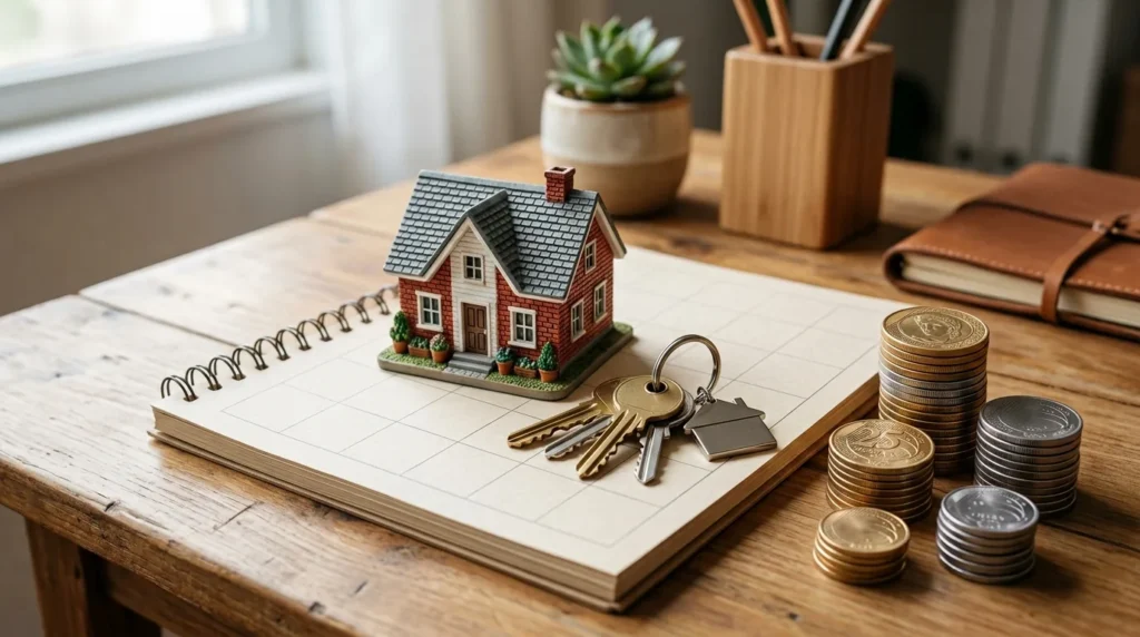 Miniatura de casa com chaves sobre um calendário ao lado de moedas de real, representando o reajuste do aluguel pelo IGP-M