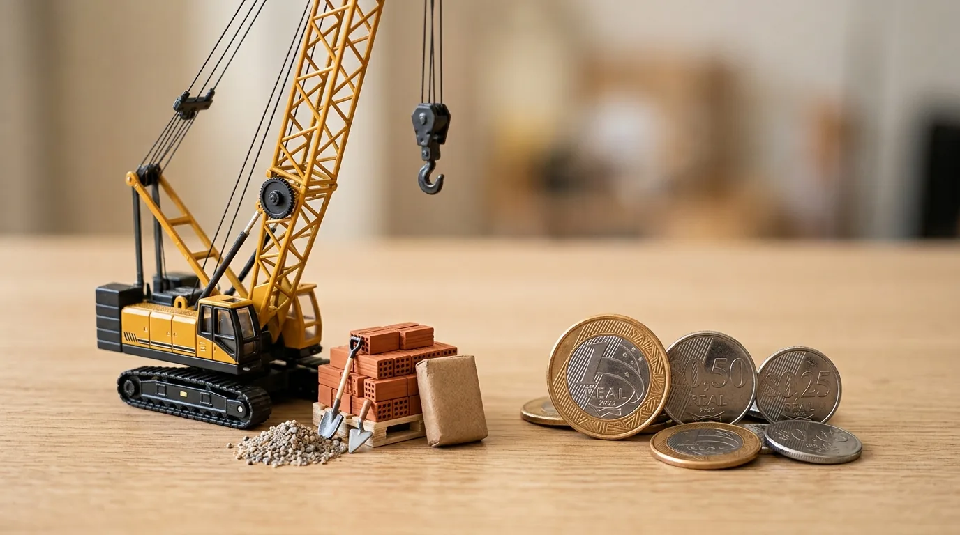 Miniatura de guindaste com tijolos e saco de cimento ao lado de moedas de real, representando o custo da construção