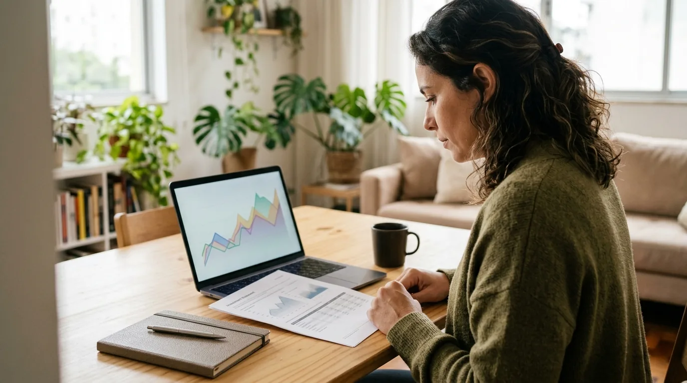 Mulher sentada à mesa da sala analisa um extrato impresso ao lado do notebook com gráfico de linha