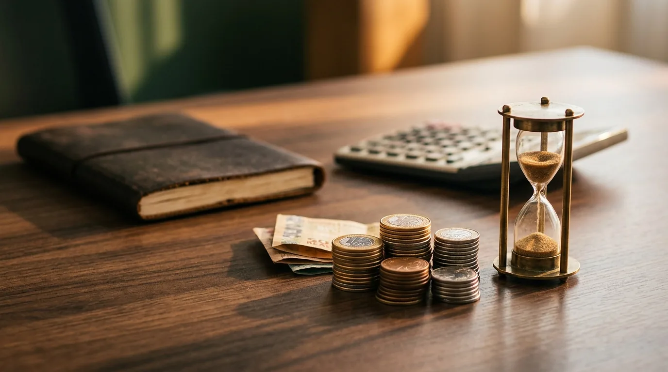 Pilhas de moedas e cédulas de real ao lado de uma ampulheta, calculadora e caderno de couro sobre mesa escura