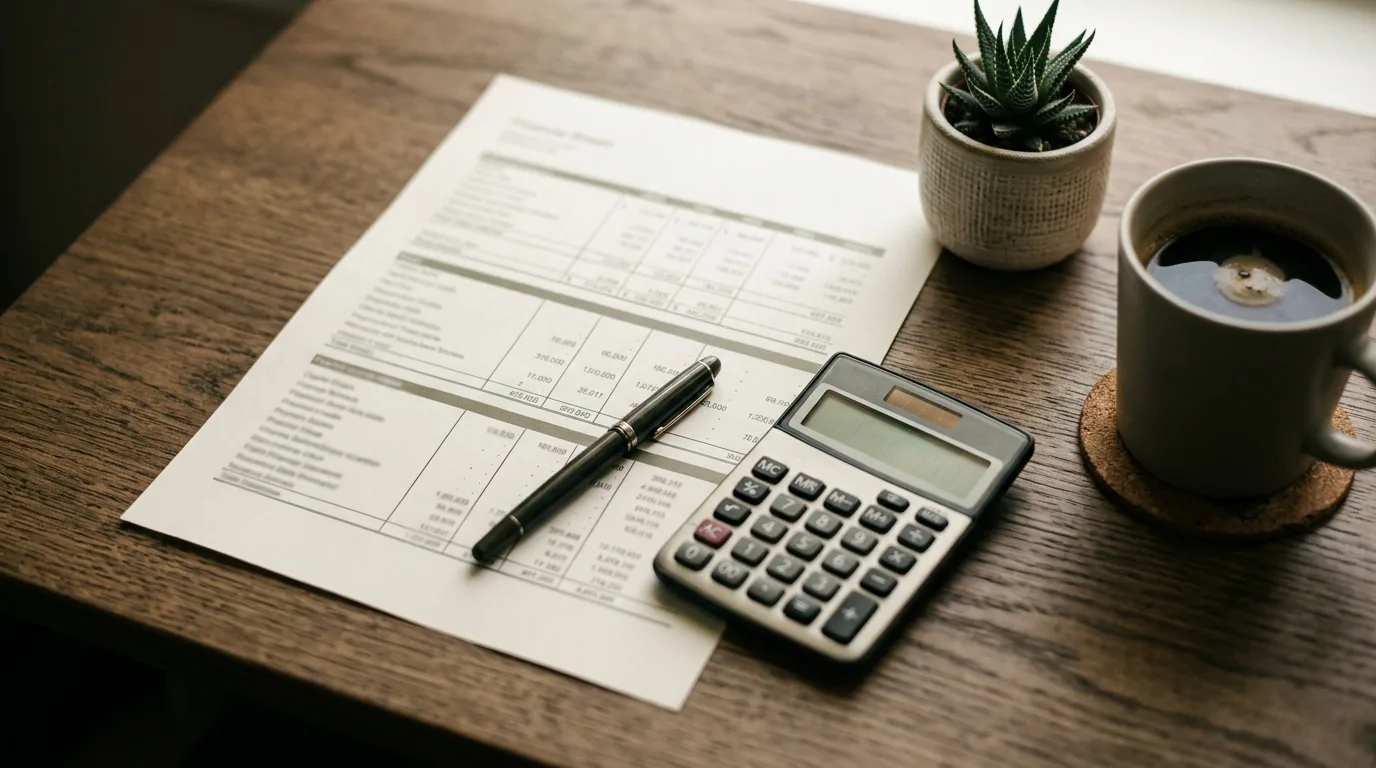 Calculadora, caneta e demonstrativo financeiro impresso ao lado de uma xícara de café sobre mesa de madeira