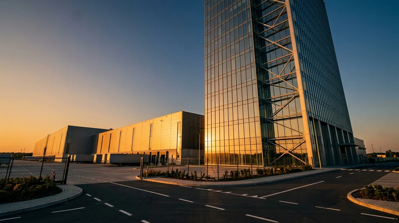 Torre de escritórios de vidro e complexo de galpões logísticos ao pôr do sol em distrito empresarial