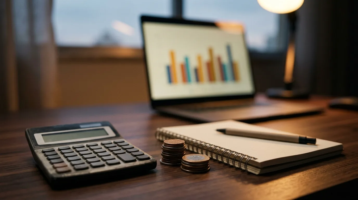 Calculadora, pilha de moedas e caderno em mesa escura com notebook mostrando gráfico de barras ao fundo, cálculo da alíquota do ganho de capital