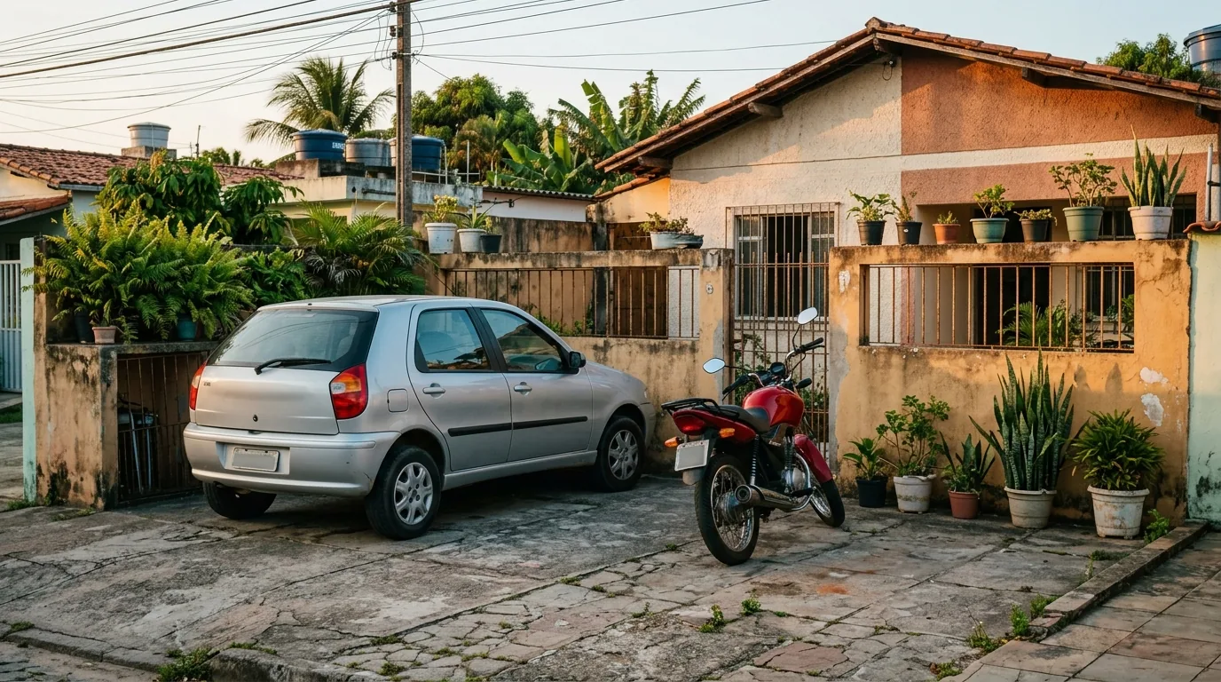 Carro hatch prata e moto vermelha estacionados na garagem de uma casa simples, exemplo de venda de bens da mesma natureza com isenção de R$ 35 mil
