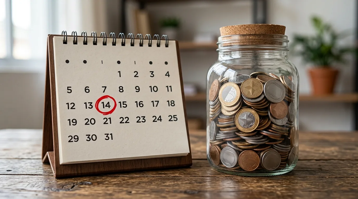 Calendário de mesa com uma data circulada ao lado de um pote de vidro cheio de moedas de real, representando metas por prazo