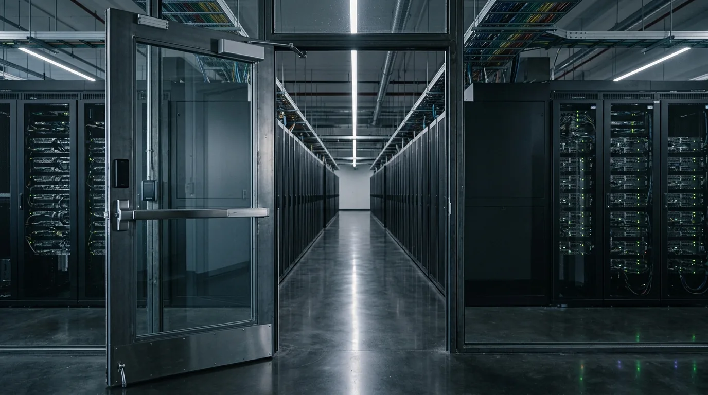 Corredor vazio de um data center com fileiras de servidores e porta de vidro de segurança aberta, representando a custódia eletrônica de ativos