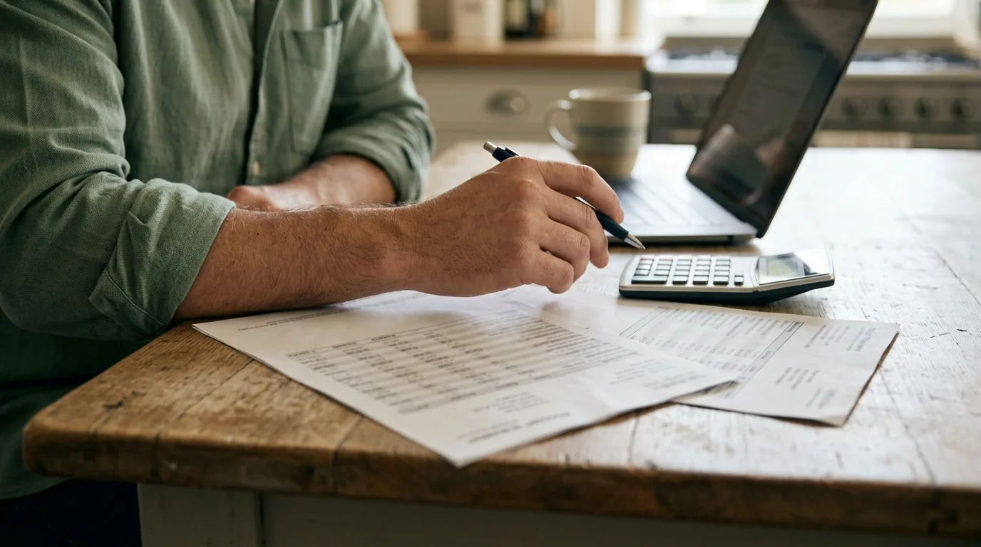 Homem comparando extratos impressos com calculadora e caneta sobre a mesa da cozinha para avaliar taxas de corretagem e custódia