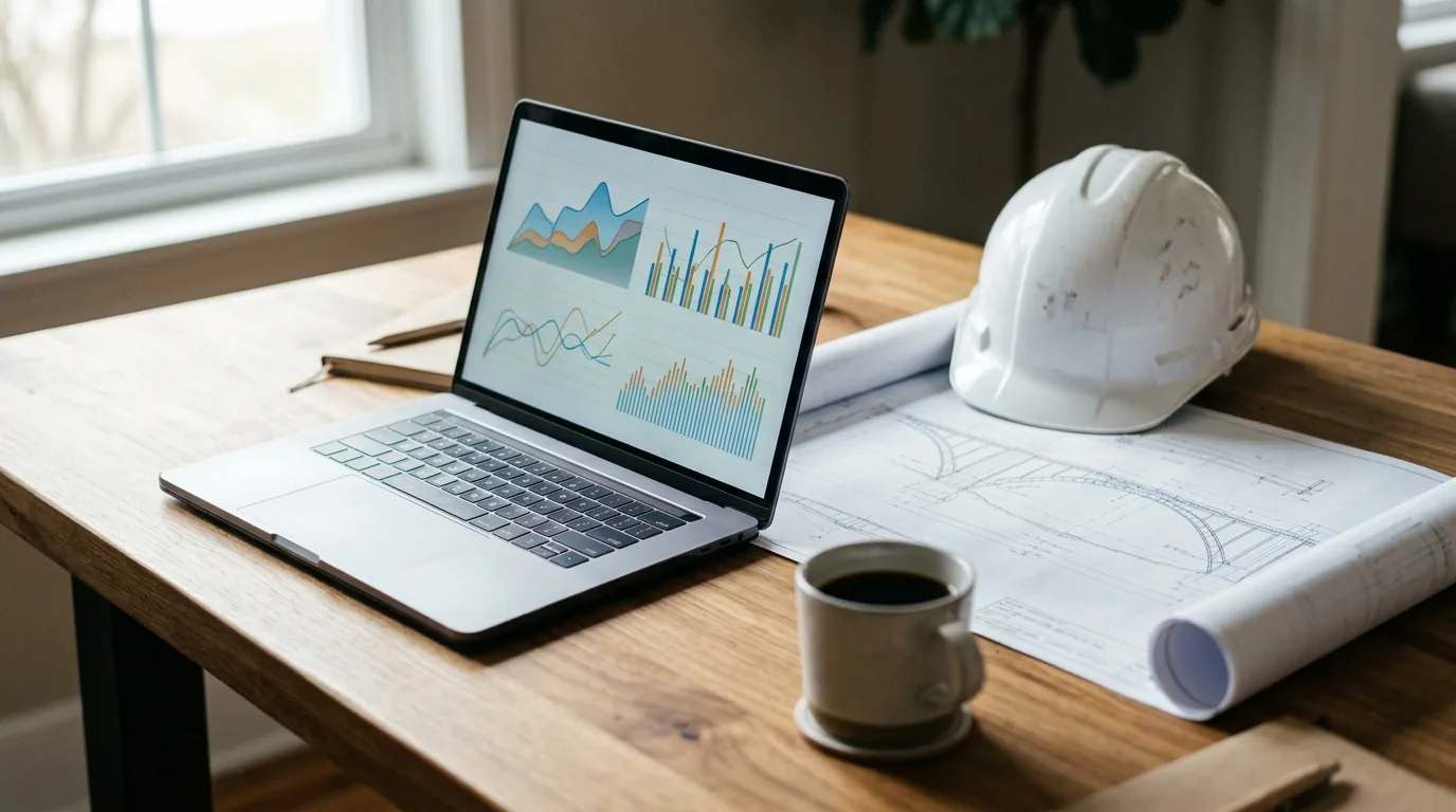 Mesa com notebook exibindo gráficos, planta de engenharia de uma ponte e capacete branco de obra