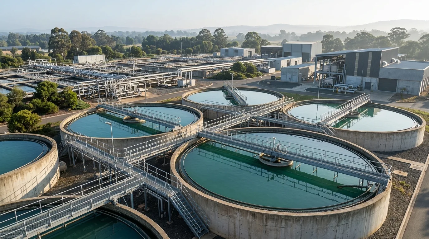 Estação de tratamento de água com tanques circulares e passarelas metálicas vista do alto pela manhã