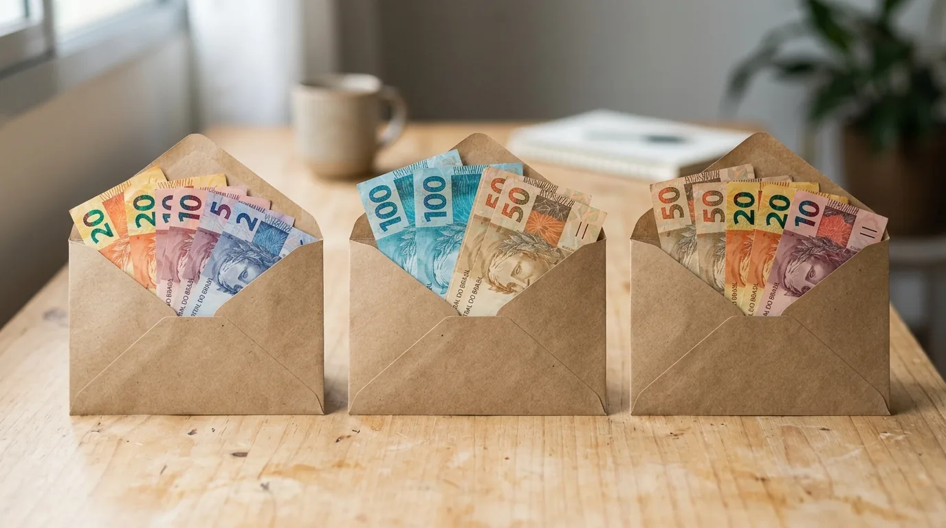 Três envelopes de papel com cédulas de real, representando o orçamento dividido pela regra 50/30/20